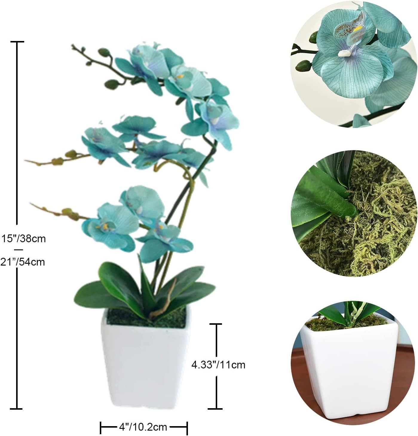 Realistic 15″ Fake Orchid Plant in Ceramic Pot – Golden Blue=