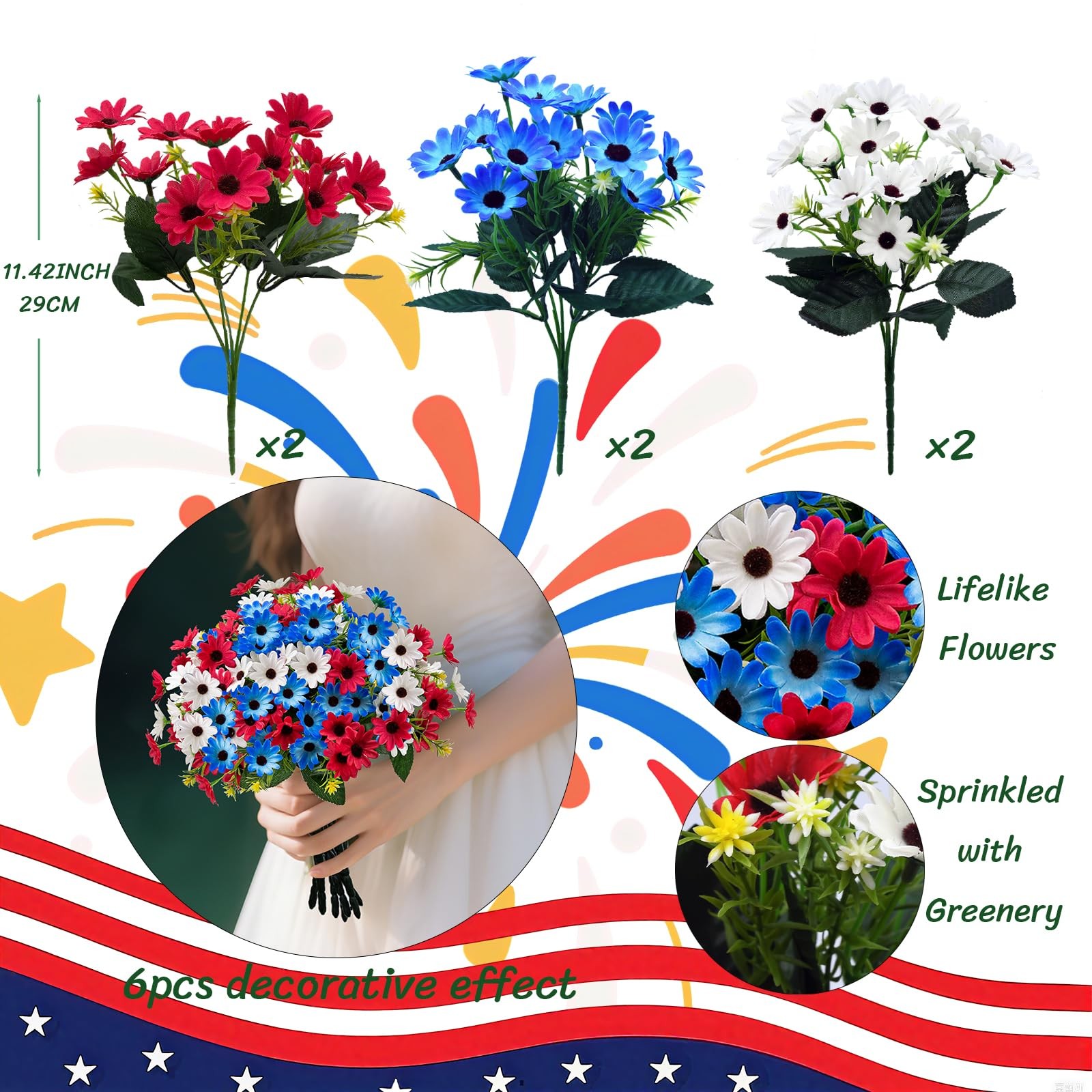 6 Bundles Red White and Blue Flowers, Artificial Daisy Flowers for Outdoor Me…