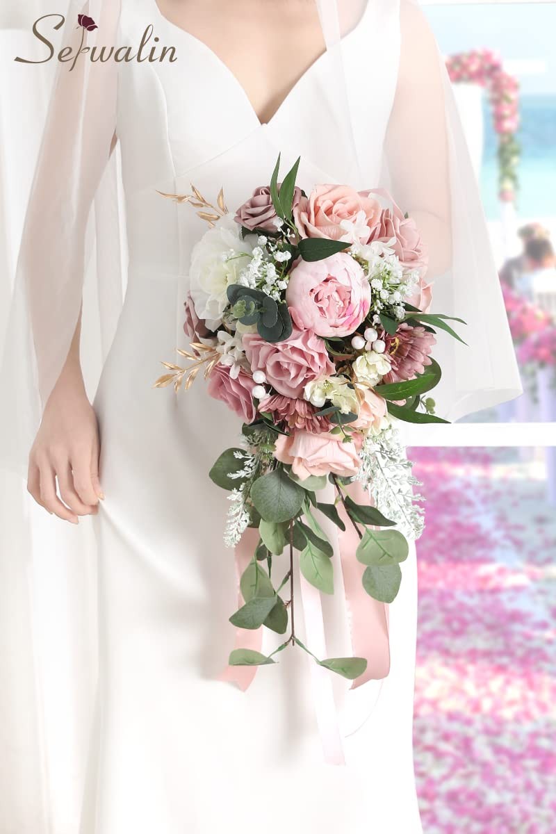 9.8 Inch Wedding Bouquets for Bride Bridesmaid, Dusty Pink Peonies Bridal Bou…