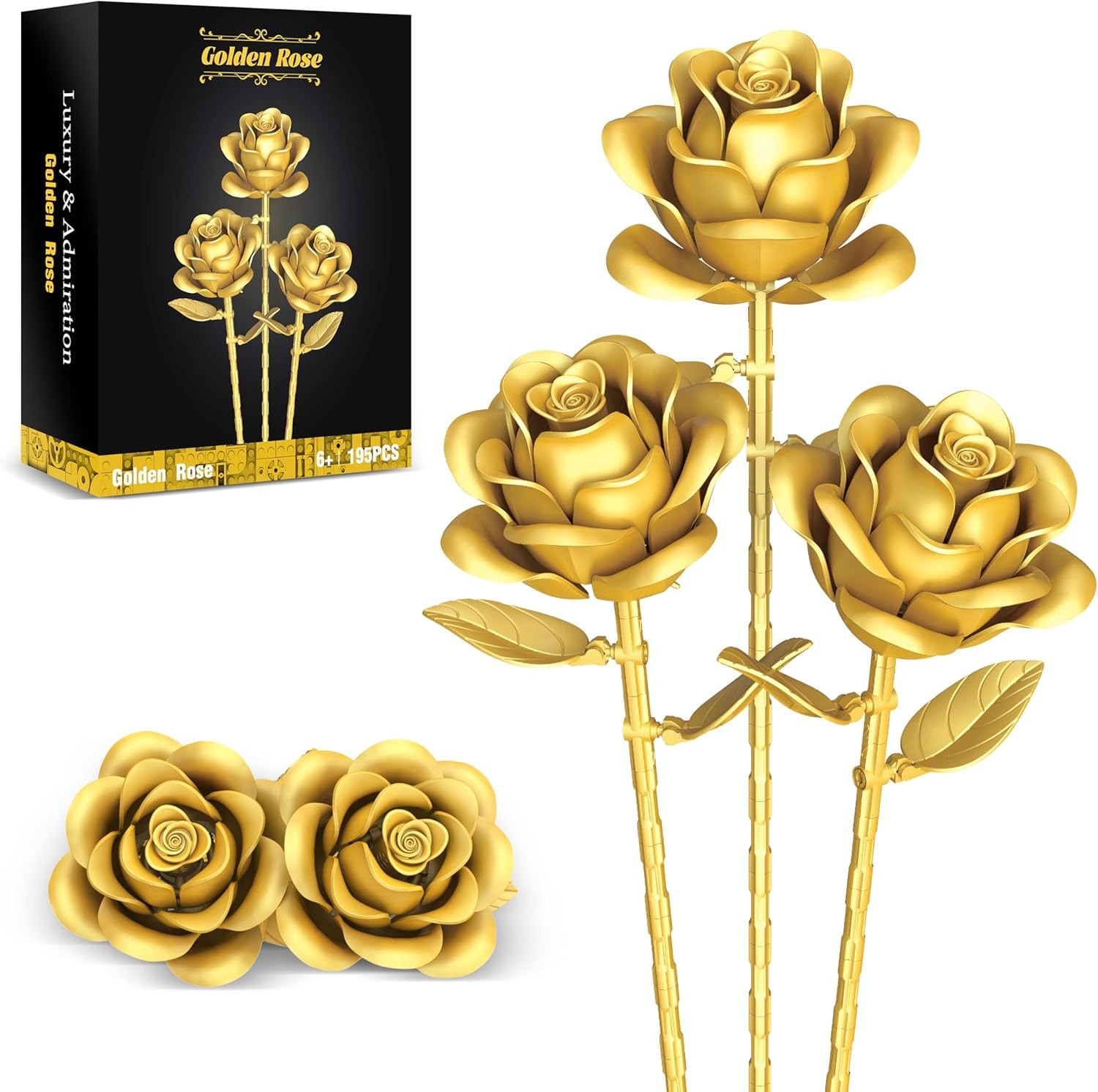 Gold Roses Flower Building Set – 3 Roses Bouquet Botanical Building Blocks for A