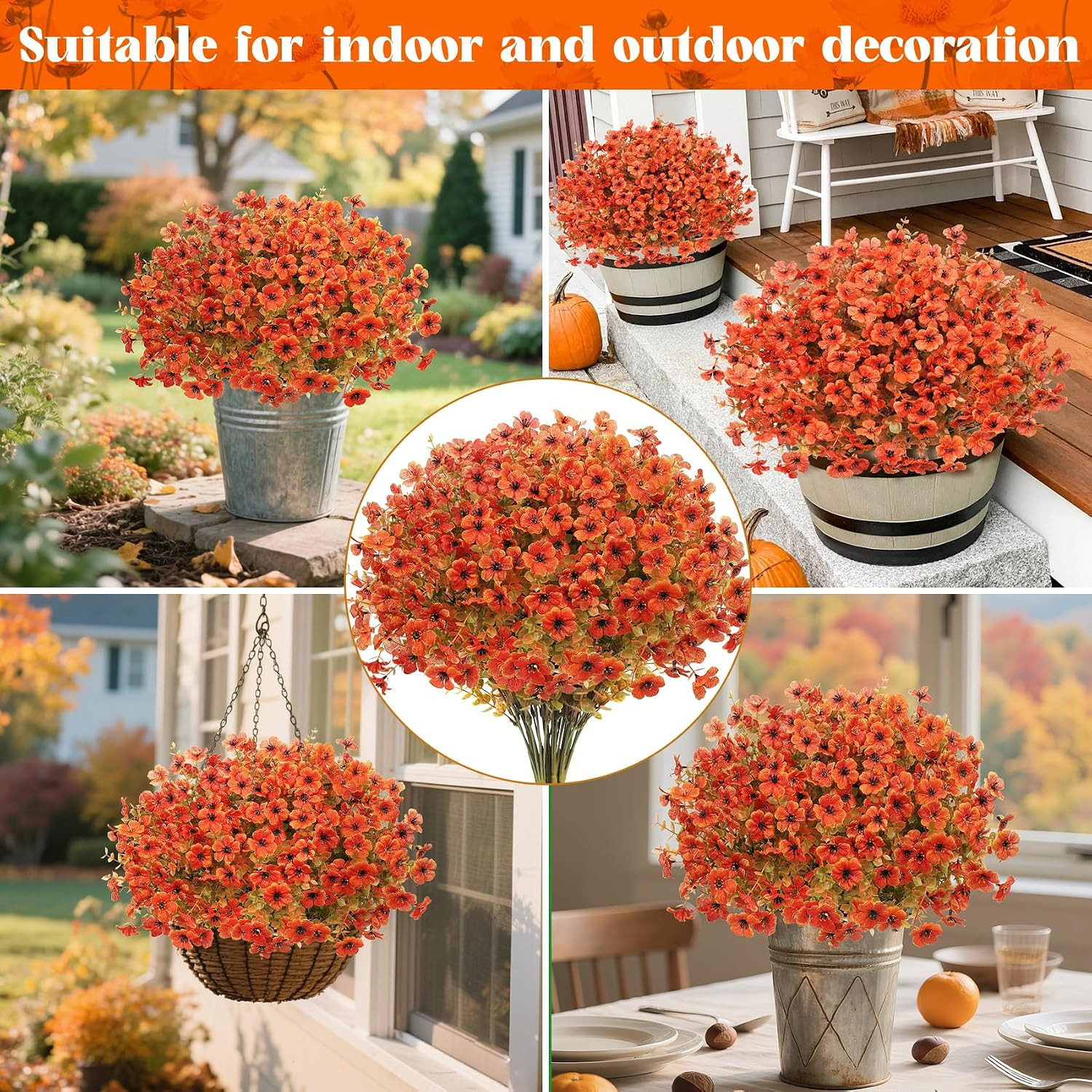 24 Pcs Artificial Fall Flowers, Fake Mums Outdoors, Fall Orange | Lifelike Faux