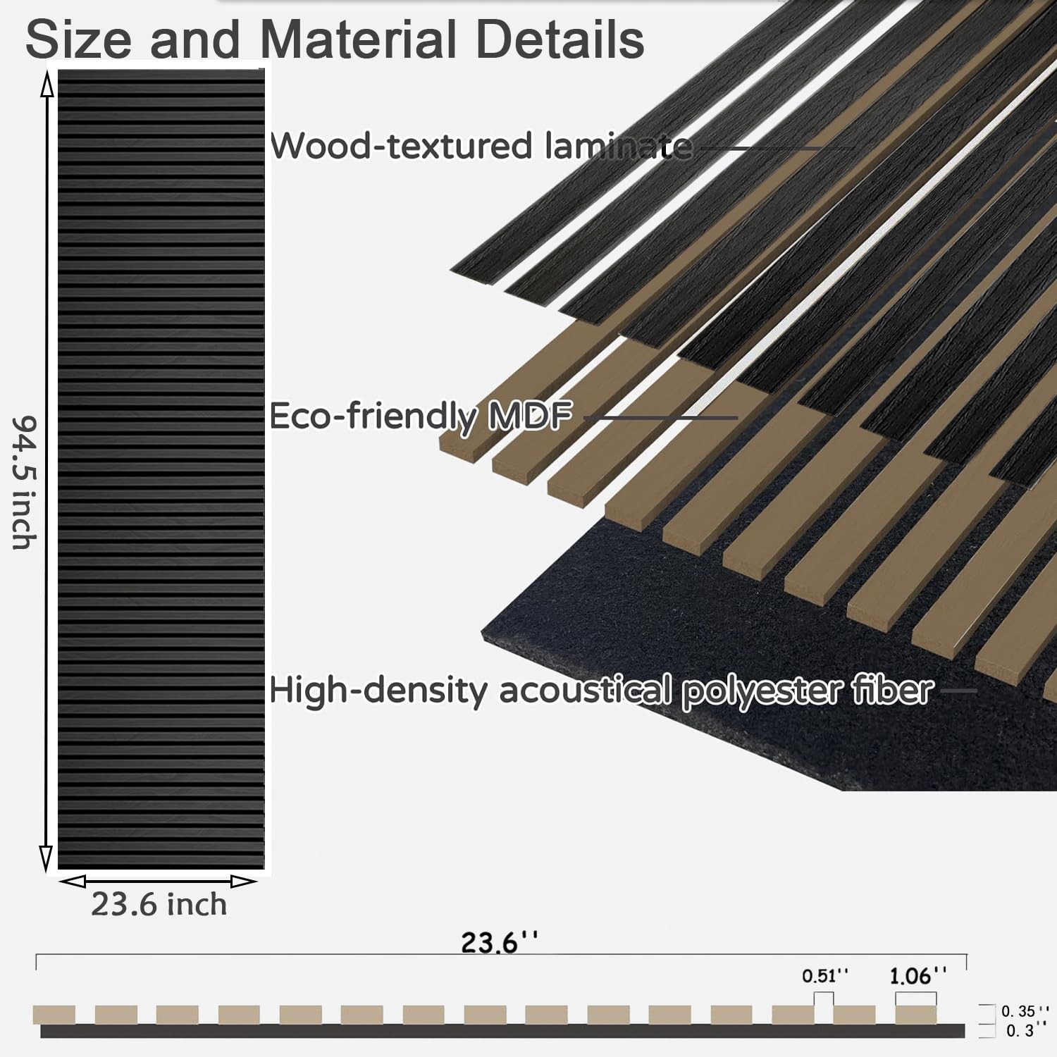 94.5 x 23.6 in Acoustic Wood Wall Panels,3D x inches, Dark Gray
