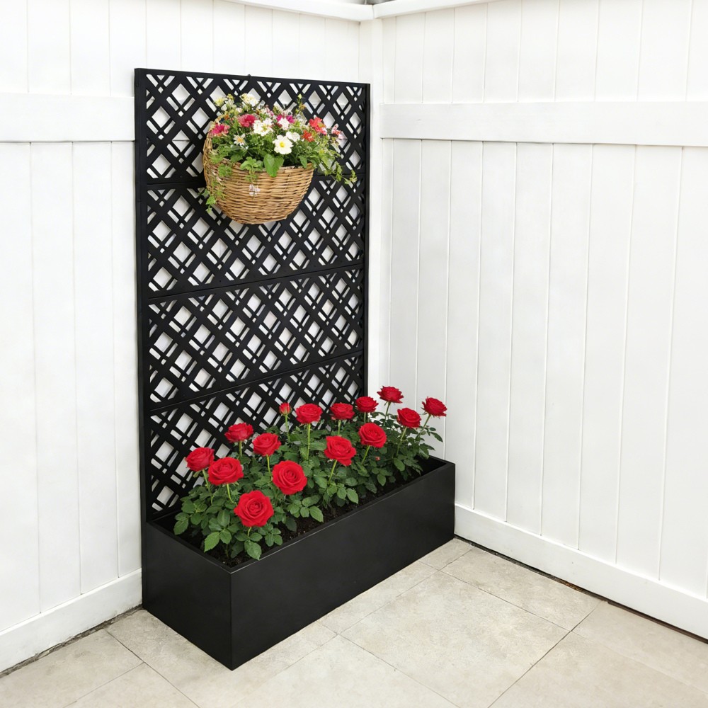 Metal Raised Garden Bed With Trellis, Black Planter Box For Backyard Patio