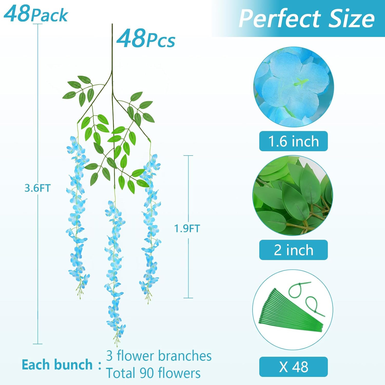 48Pcs Blue Wisteria Garland – 3.6Ft Fake Flowers for Wedding & Home Decor