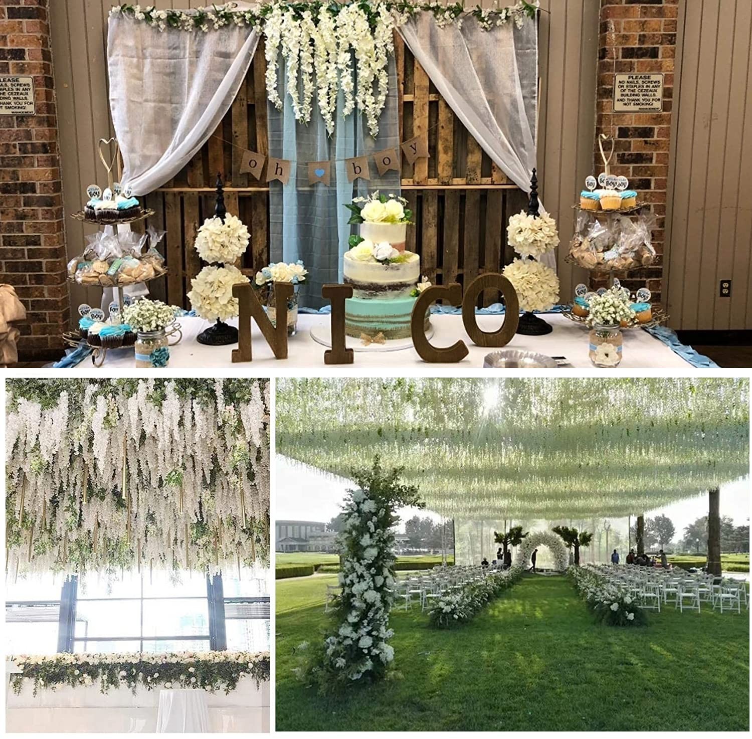 12 White Artificial Wisteria Flower Garland – Silk Hanging Vines for Home, Weddi