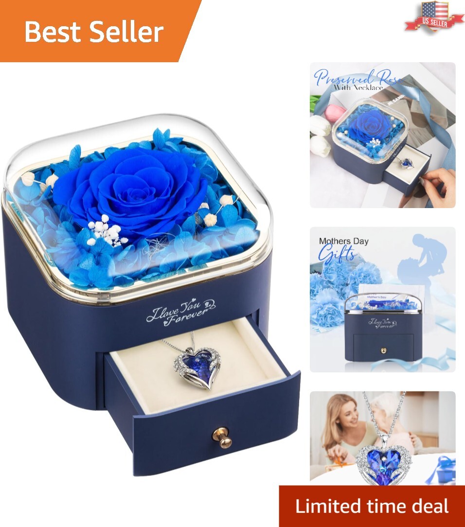 Stunning Blue Preserved Rose with Heart Necklace – Anniversary and Birthday Gift