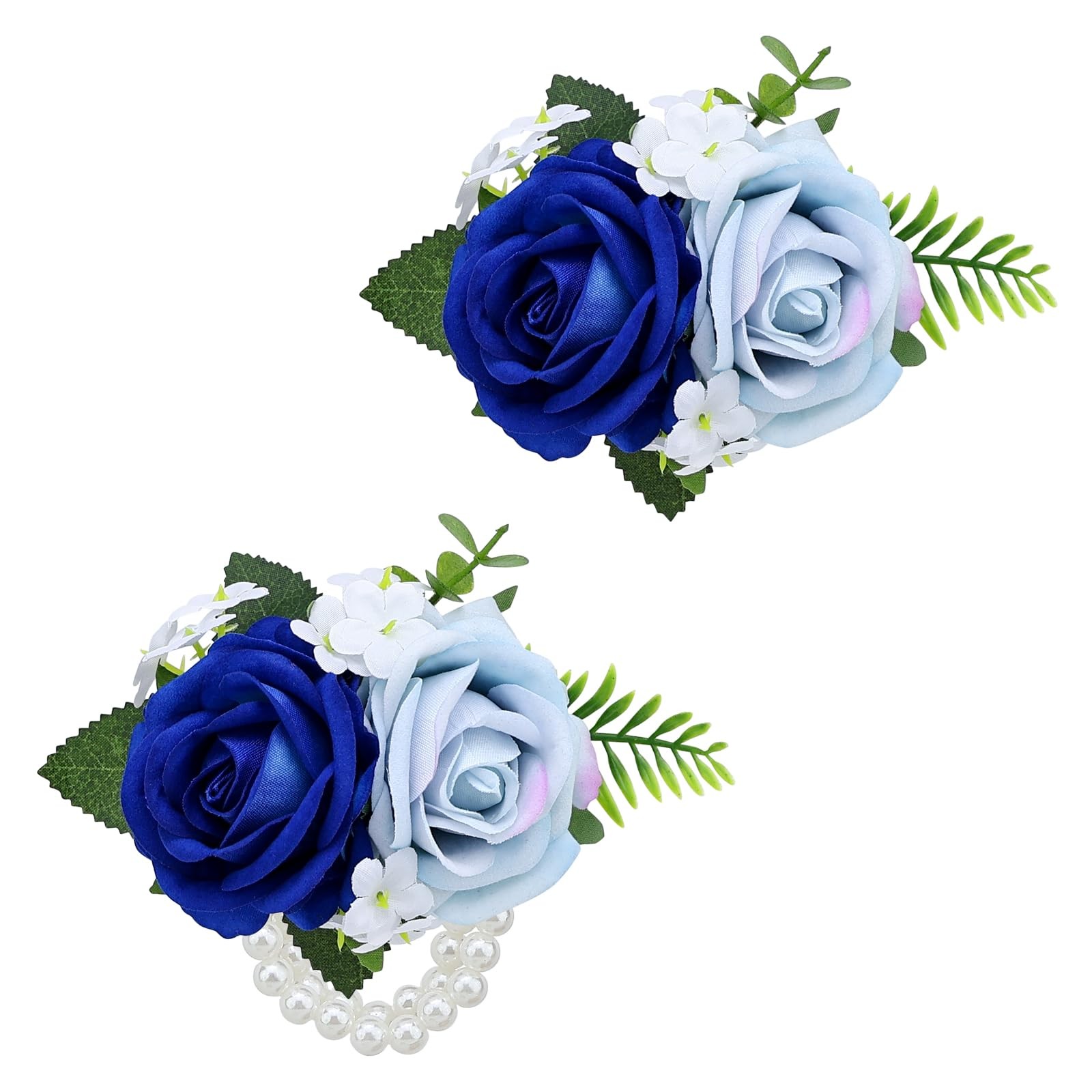 2Pcs Light Blue Blue Rose Wrist Corsage Wristlet Band and Boutonniere Set, f…