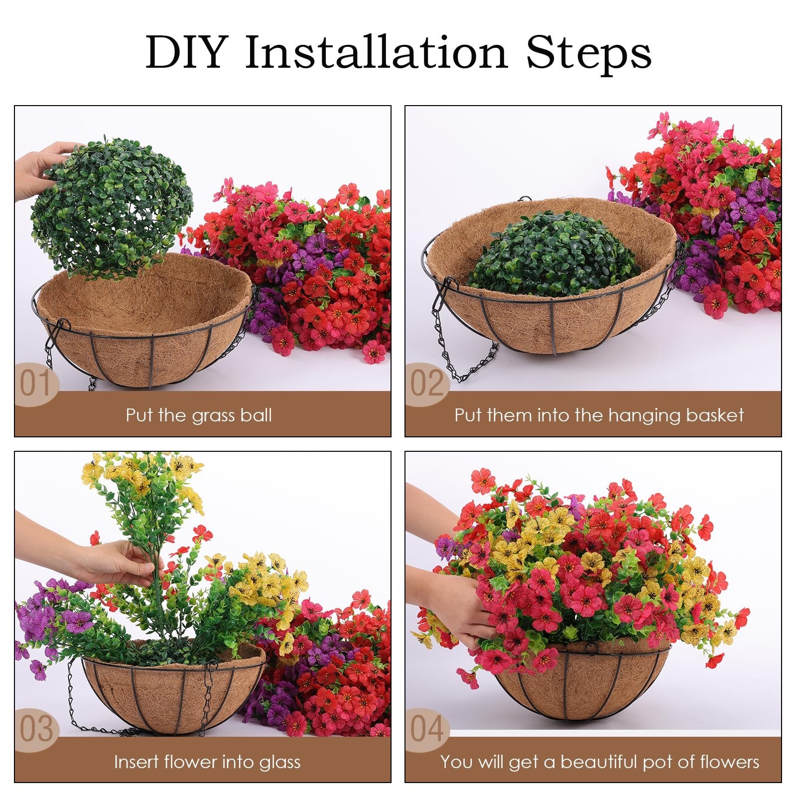 2 Set Artificial Outdoor Flowers with Hanging Baskets, 24 Pcs Planters for Garde