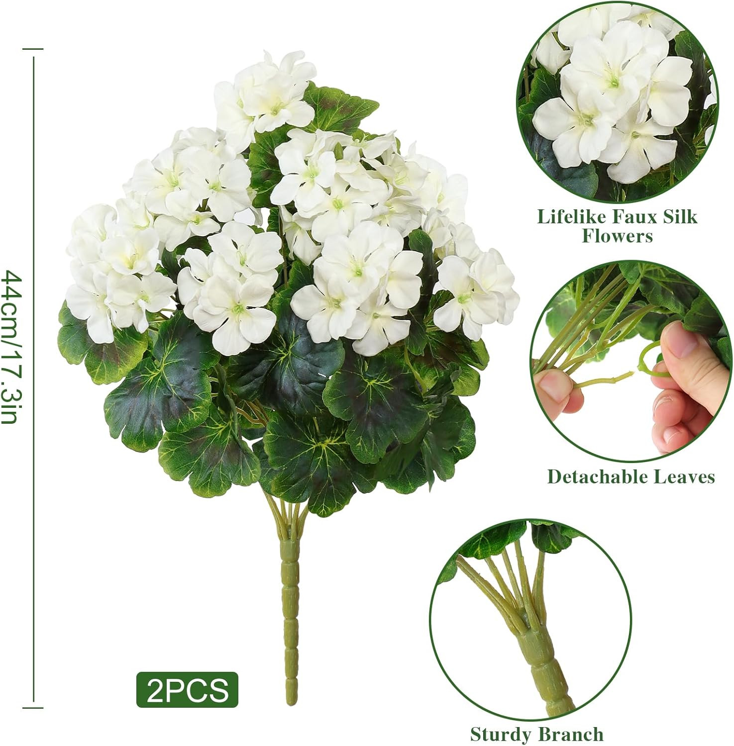 Fake Flowers 2PCS 17.3In Artificial Geraniums for Outdoors Realistic White