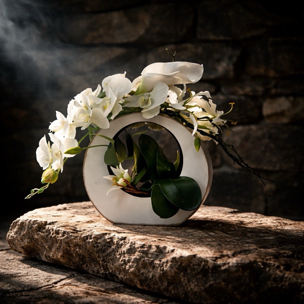 White Silk Floral Arrangement, Centerpiece contemporary Asian Zen Orchids, Lilly