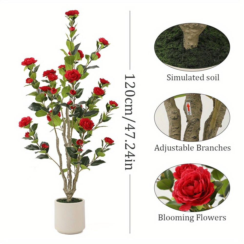 1Pc 4FT Tall Artificial Red Camellia Potted Plant Faux Plant Red Flower Outdoor