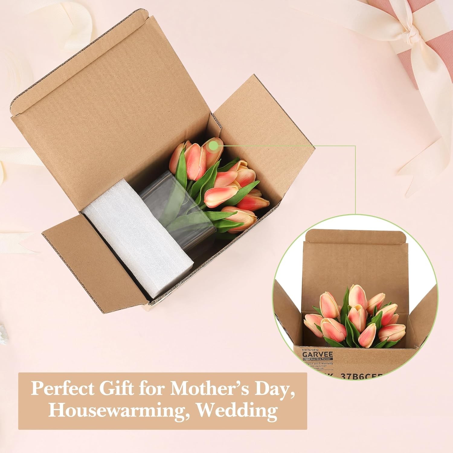Orange Tulip Artificial Flower w/ Glass Vase Faux Water Silk Faux Tulip Flower