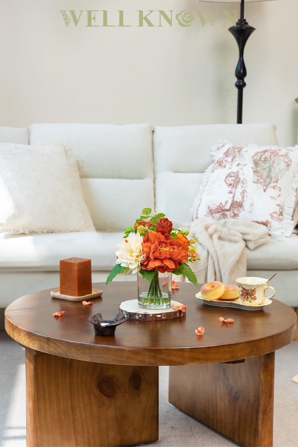 Artificial Flowers in Glass Vase with Fake Water, Burnt Orange & Champagne Si…