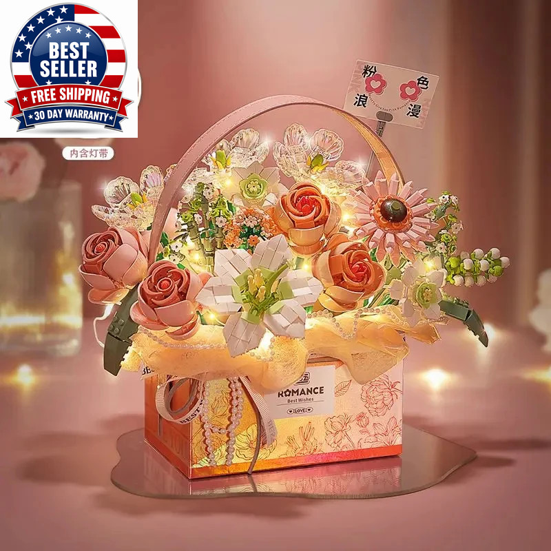 Creative Pink Rose Basket Bouquet Building Blocks Portable Flower Bouquet Gift B