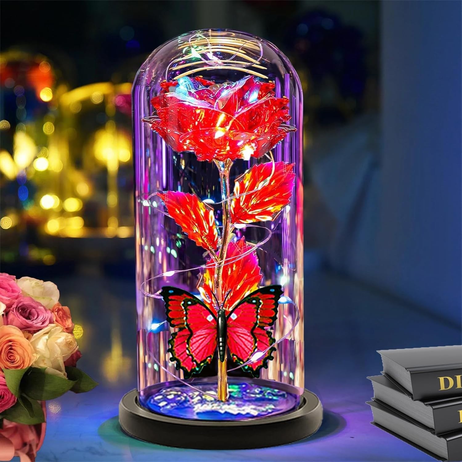 Mothers Day Gift For Her Forever Rose Flower Dome Glass LED Night Light