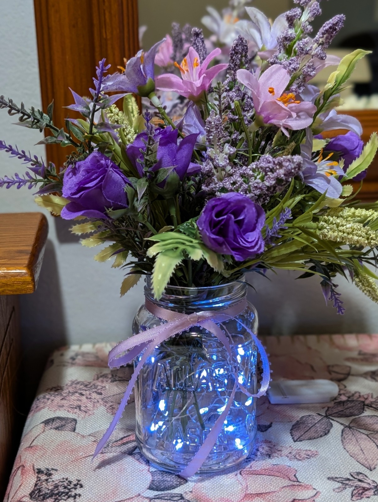 Purple Floral Arrangement, Mini Roses, Fressia, Lighted Mason Jar (Timer)