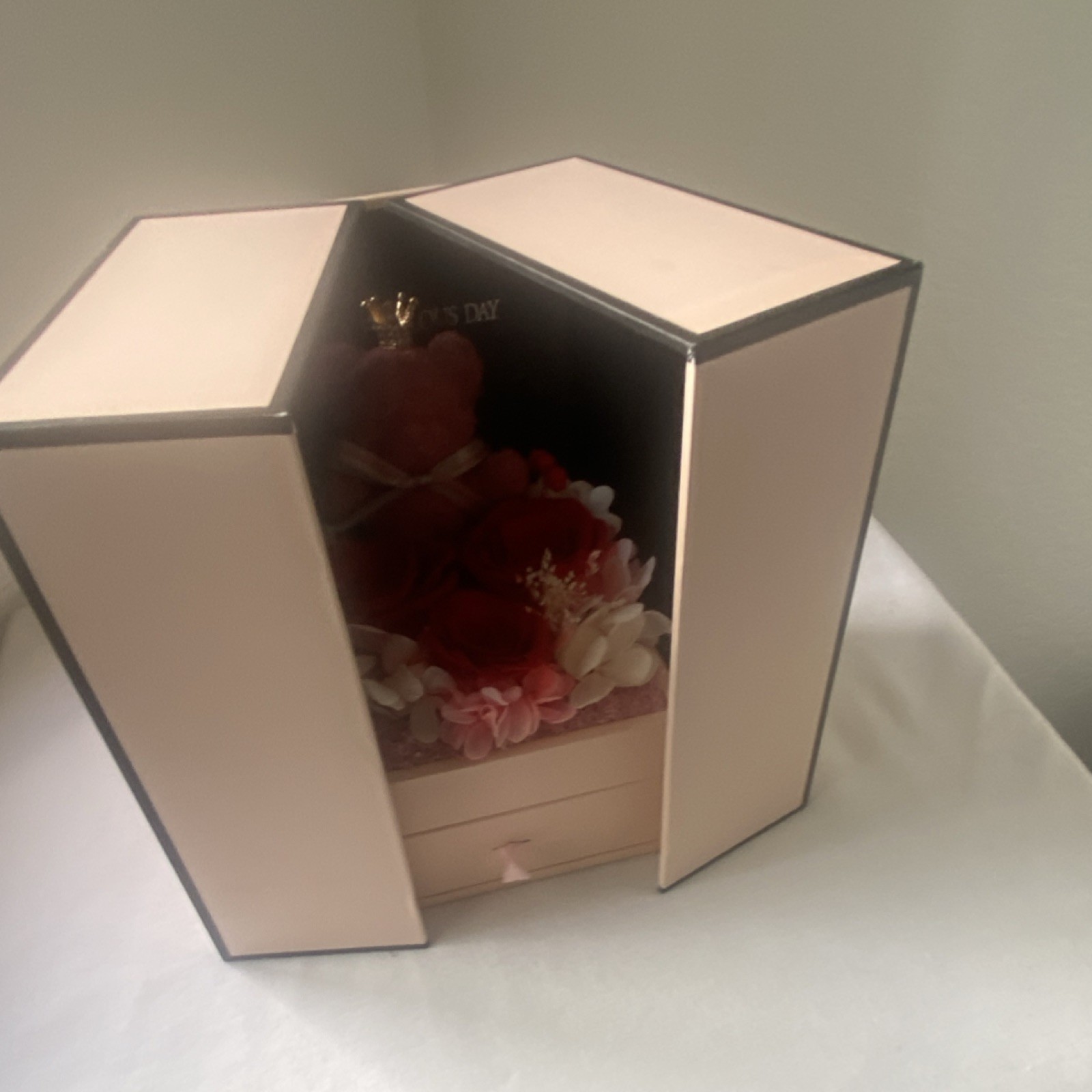 Artificial Rose Flower Box Arrangement w/ Pink Teddy Bear Love Theme 8″ x 5″