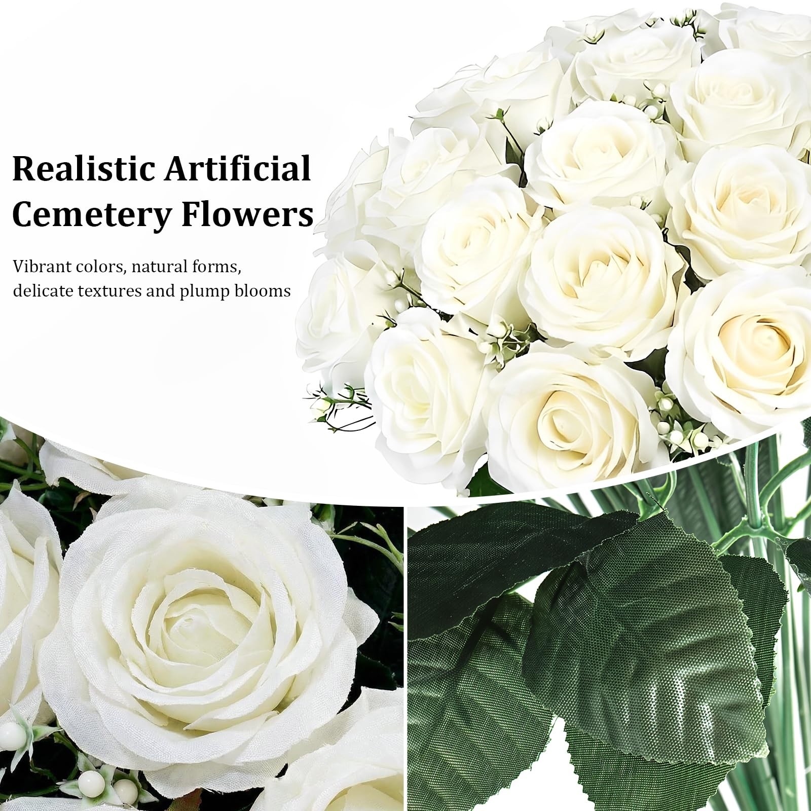 Artificial Cemetery Flowers 2 Sets UV Resistant White Silk Roses Outdoor