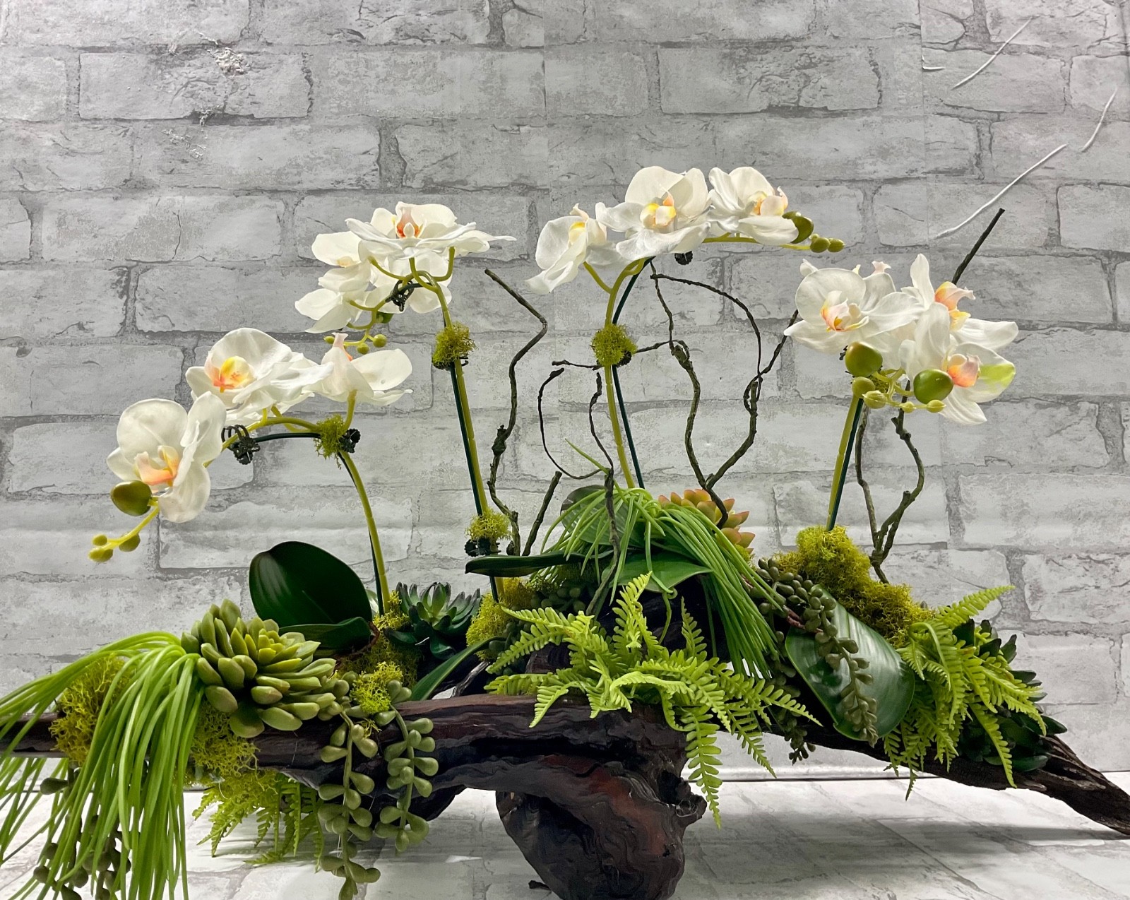 Large Driftwood Orchid Arrangement, White Real Touch Orchids Succulents 28’x17′