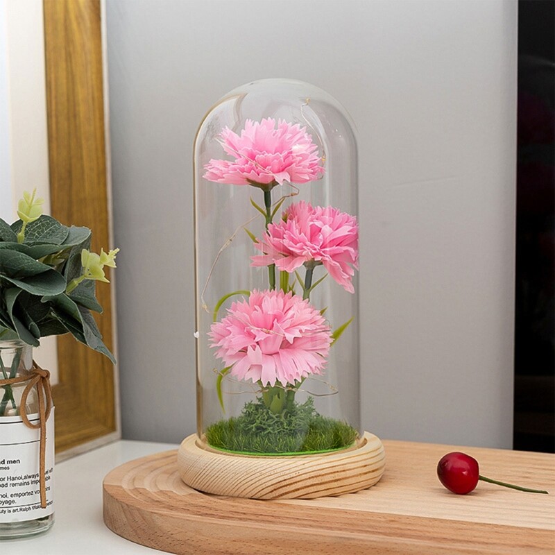 Artificial Led Luminous Carnation Soap Flower with Dome Glass Cover