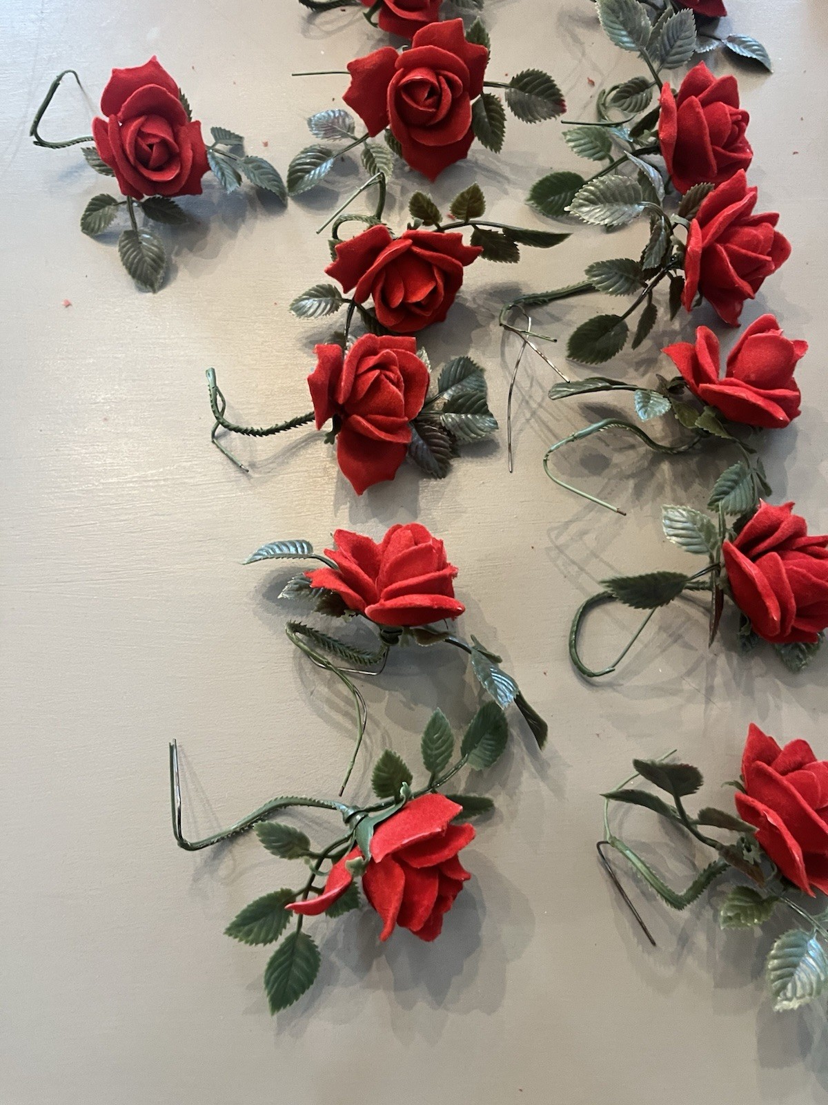 Vintage 29 flocked Plastic Red Roses Wired -6 NOS & 23 Unbagged Floral Decor