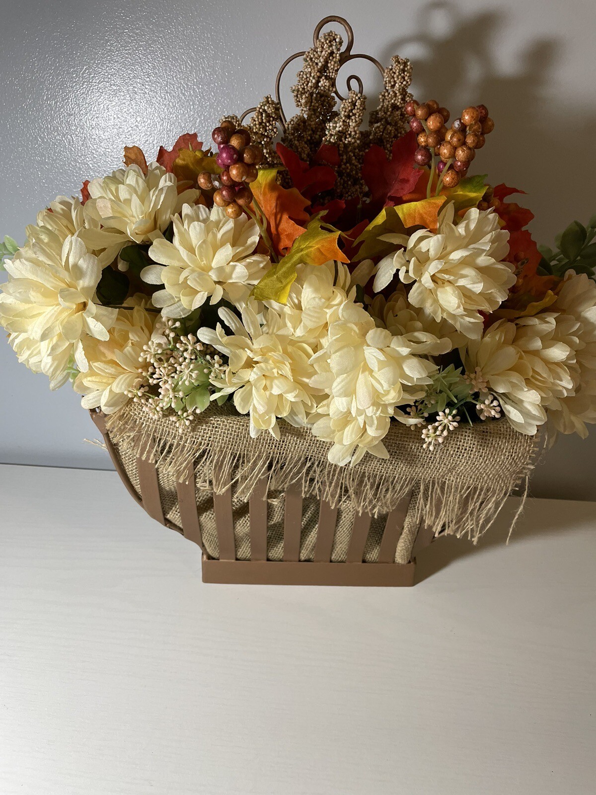 Fall Flower Arrangement In Large Upcycled Metal Hanging Basket Copper Painted