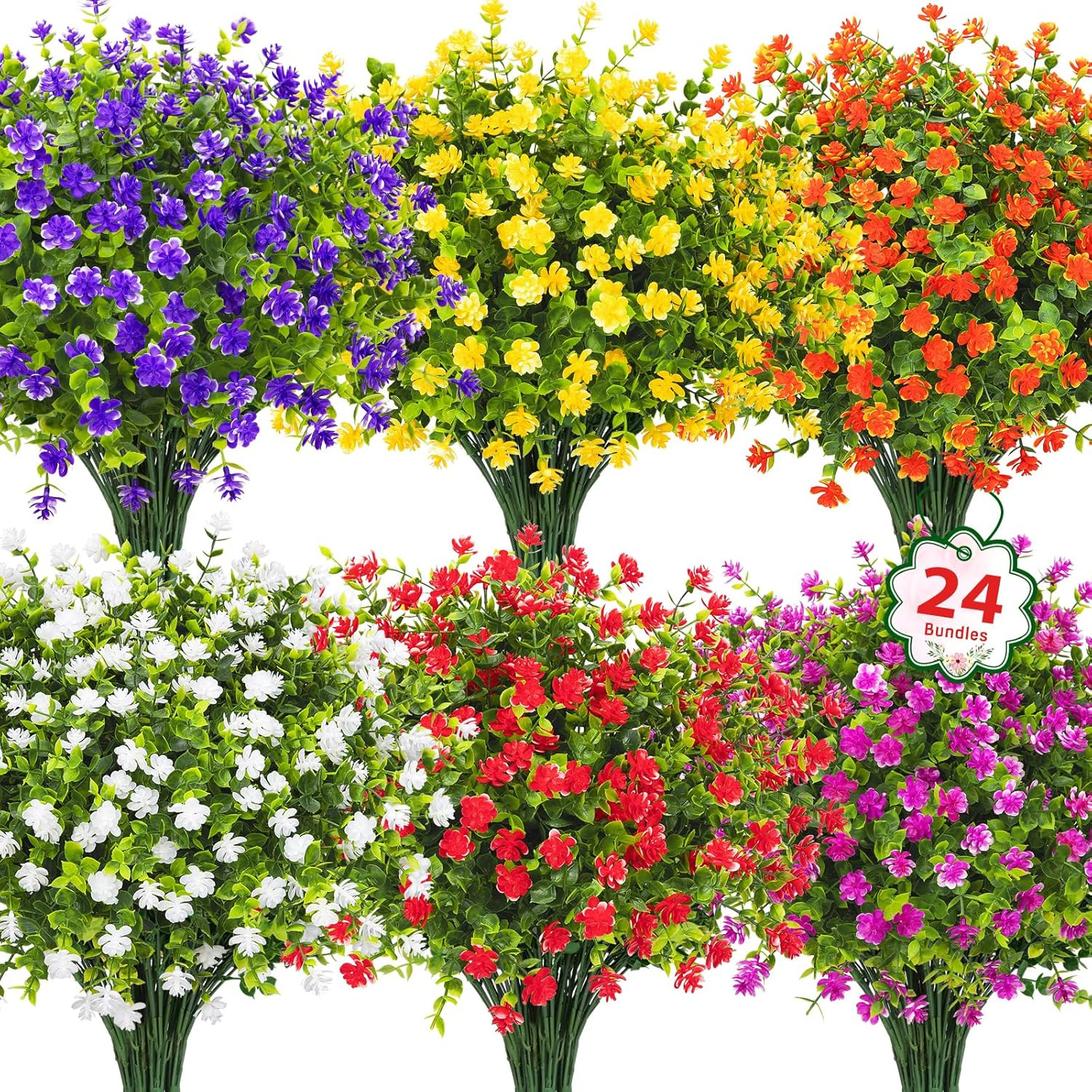 24 Bundles Artificial Flowers for Outdoors Decoration Fake Flowers UV Resistant