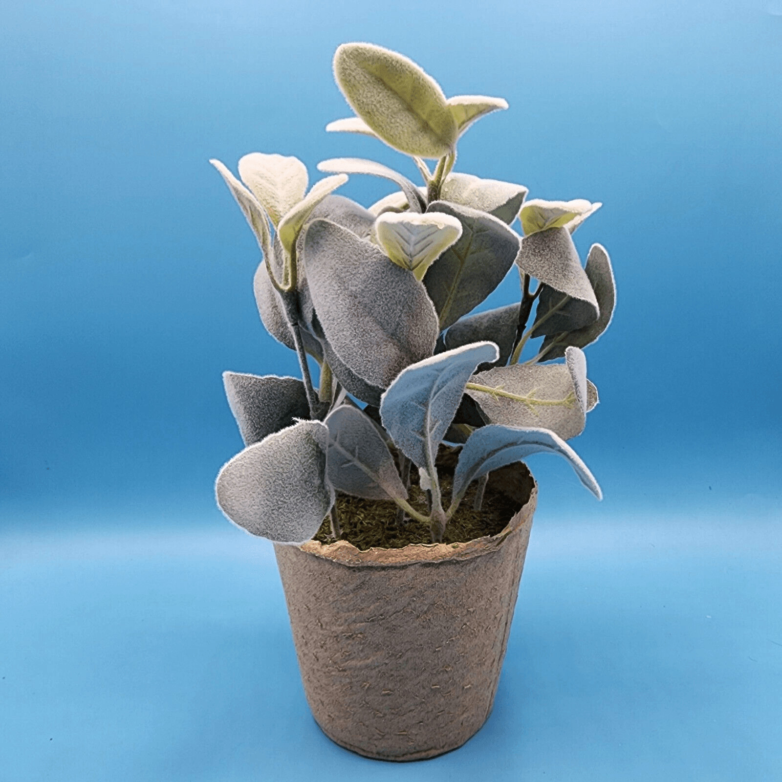 Flocked Lambs Ear Artificial Plant with Moss In Brown Paper Pot 10 inch