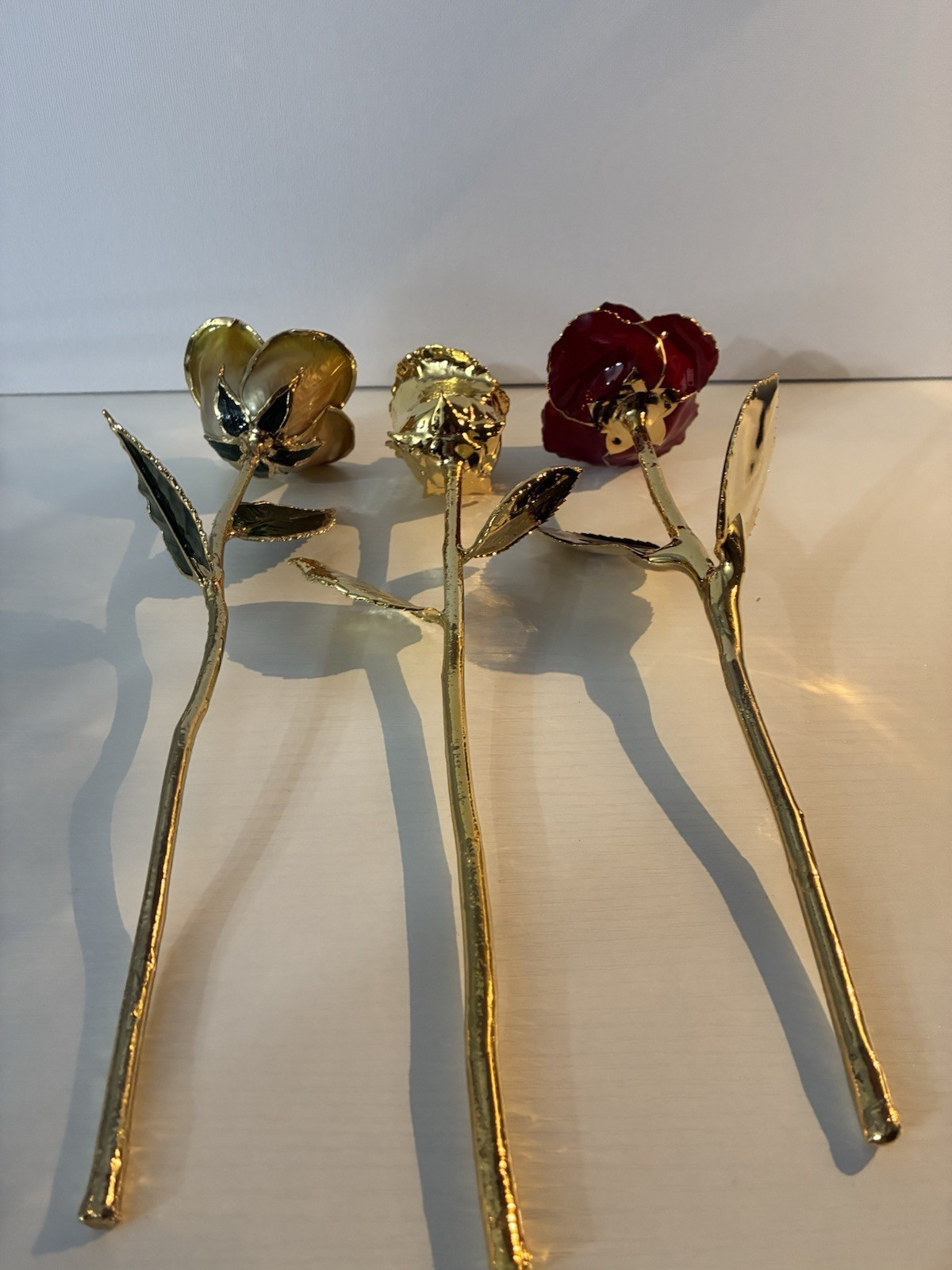 Lot of 3 Metal Artificial Rose Flower Stems, Gold Tone, Red Rosebuds Decor