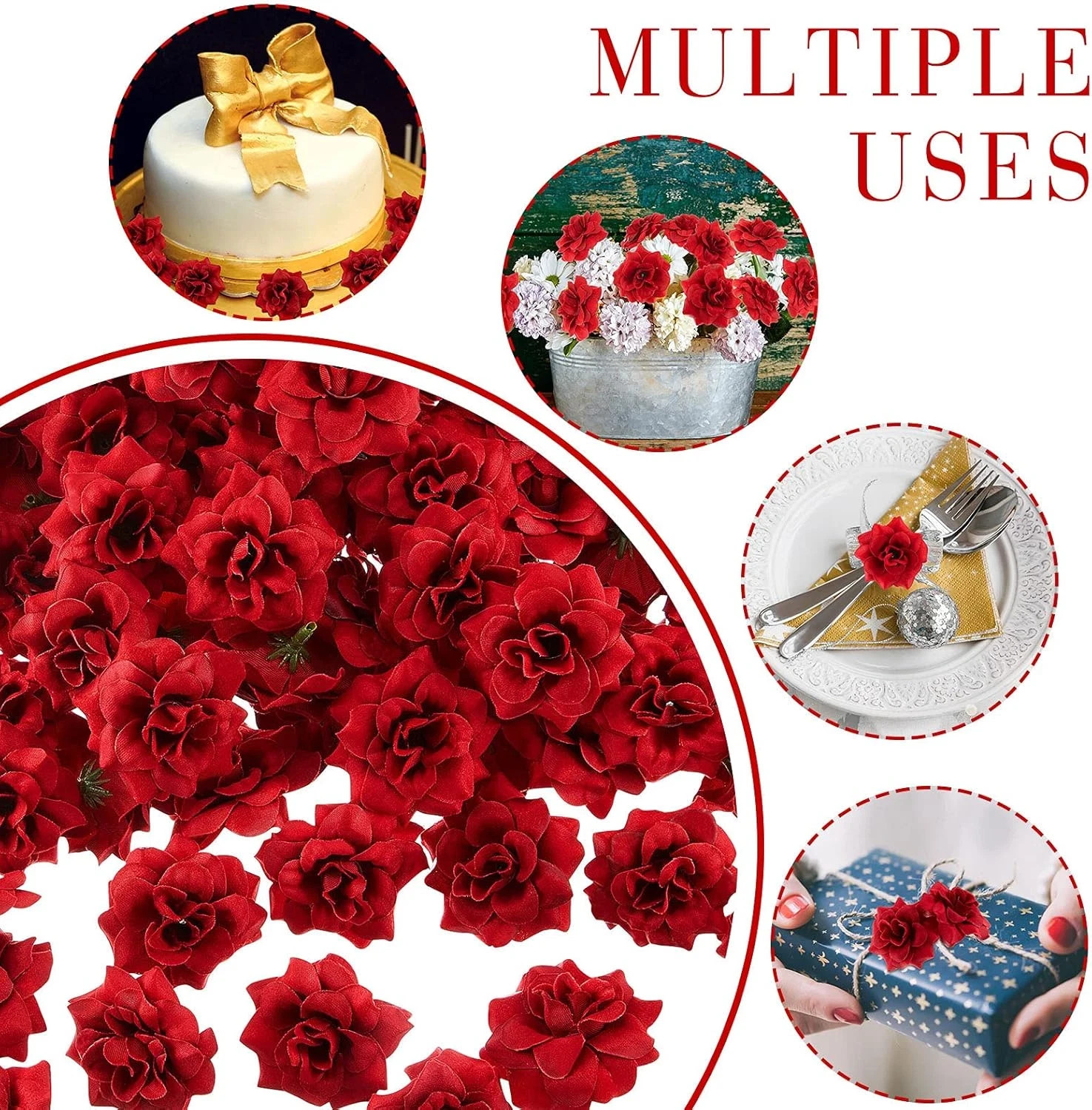 100 Pieces 1.77″ Red Artificial Roses Head Bulk Small Silk Fake Rose Buds for…