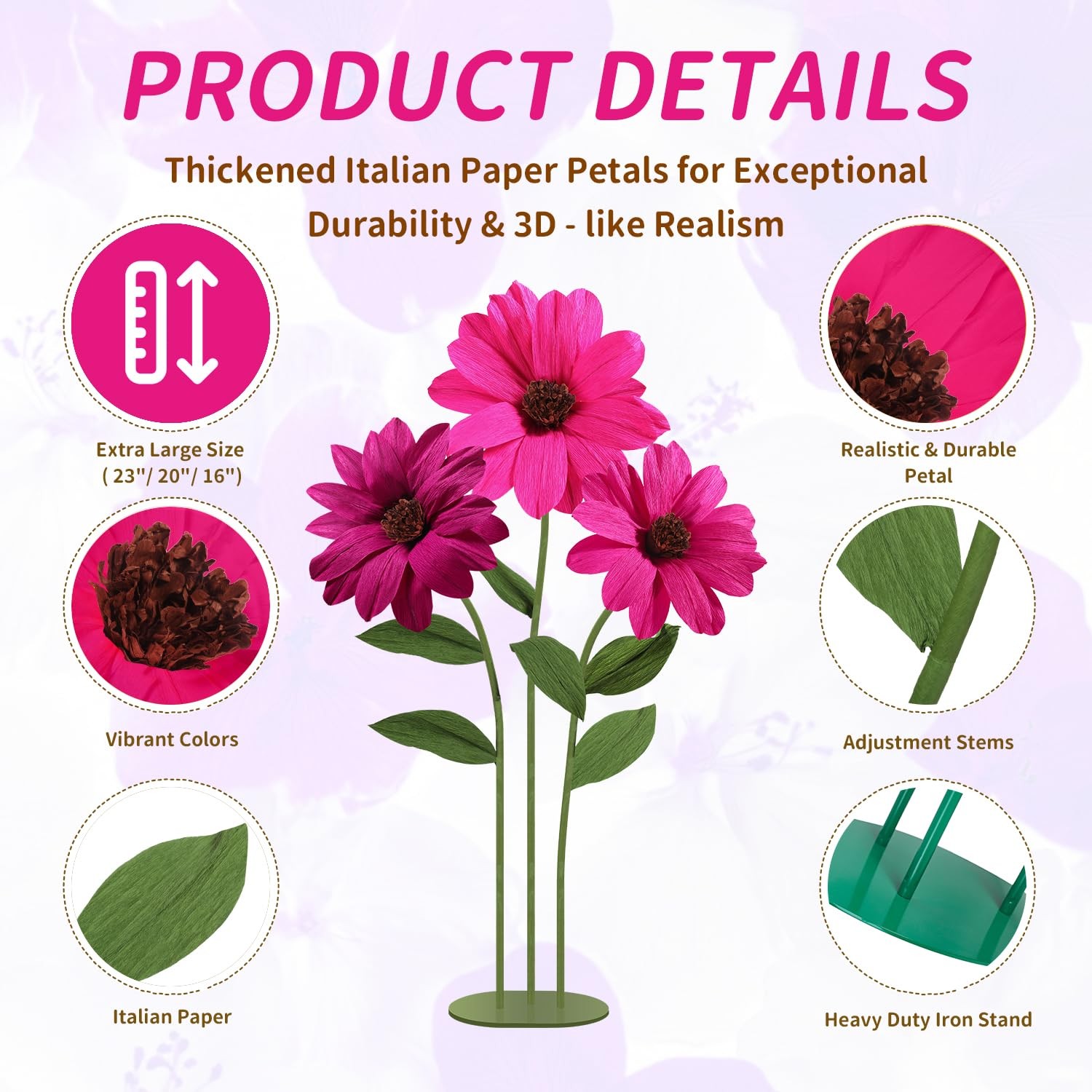 Giant Flower with Heavy Duty Iron Base Stand, Aluminum Pipe Stems | Large Art…