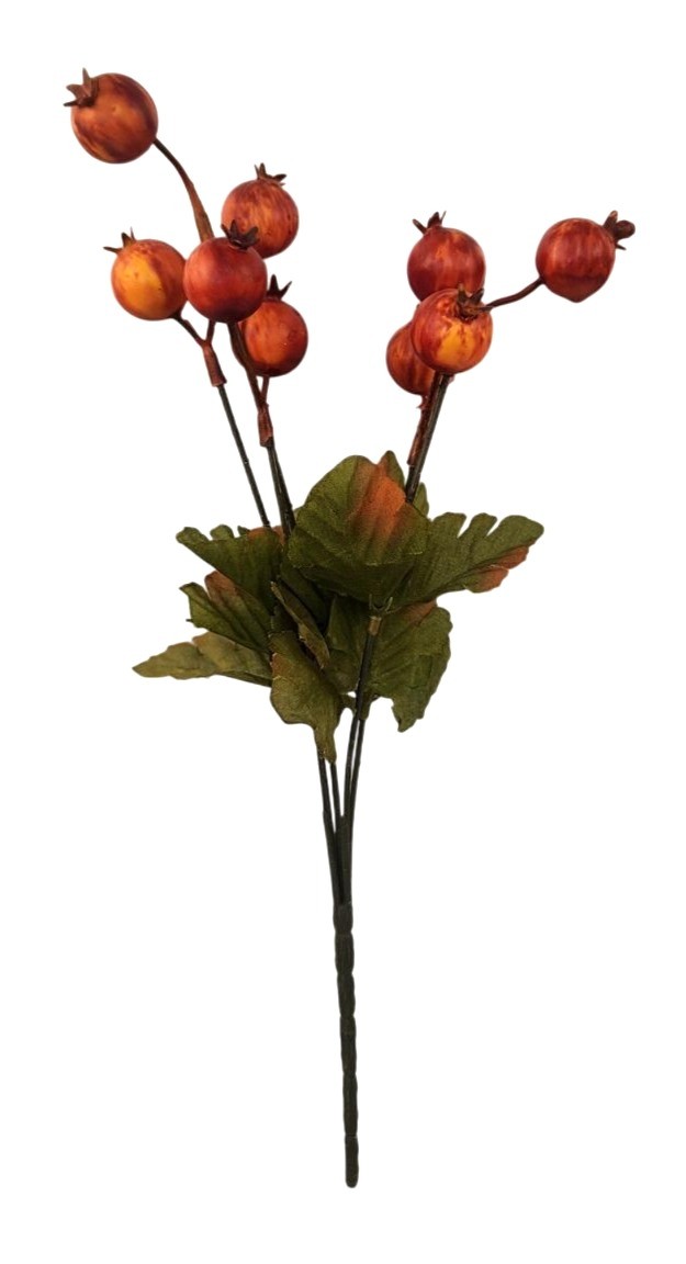 Artificial Floral Berry Stem With Orange & Green Leaves For Seasonal Decor