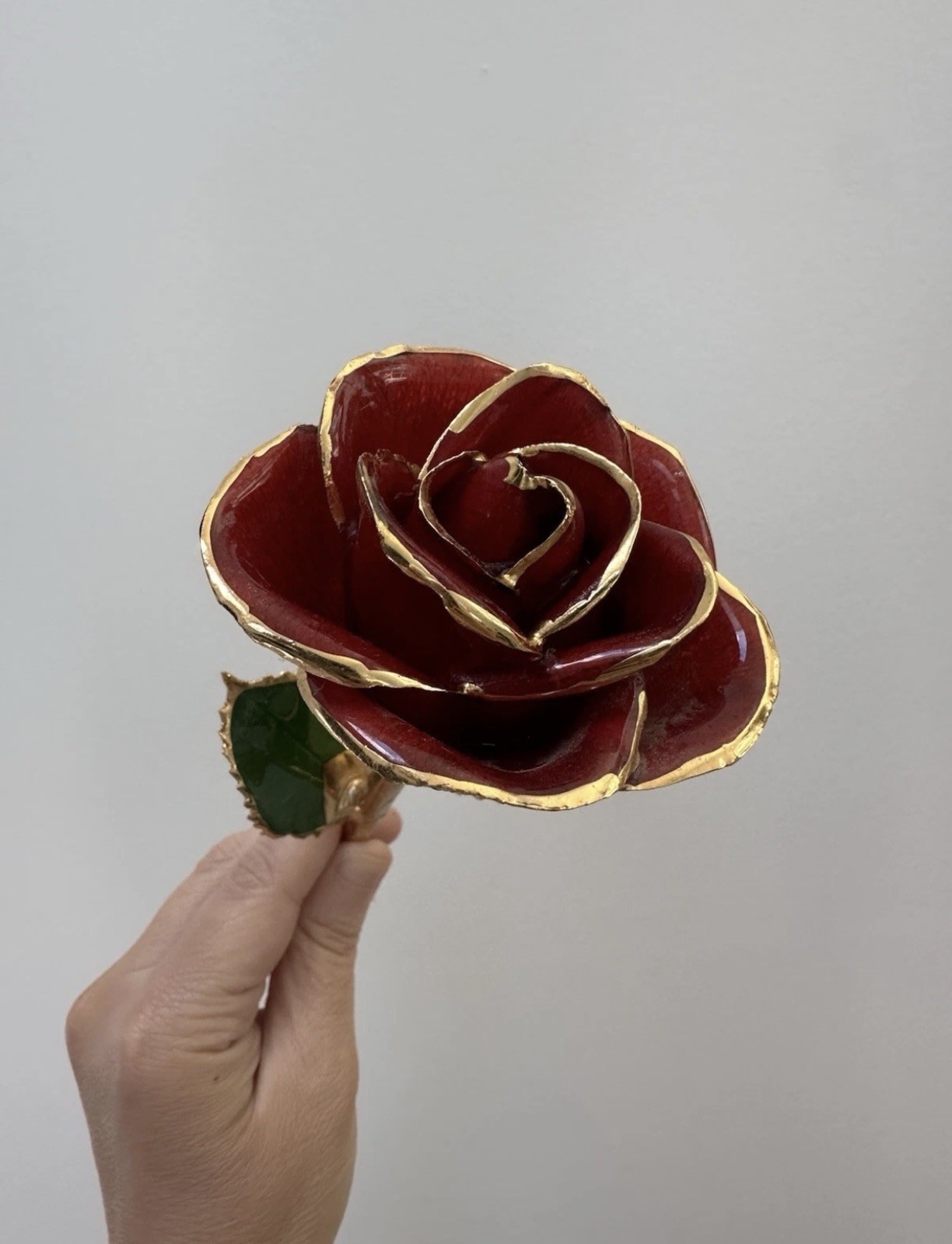 Steven Singer Jeweler Real Rose Preserved Dipped in 24 Karat Gold Red No Box 12”