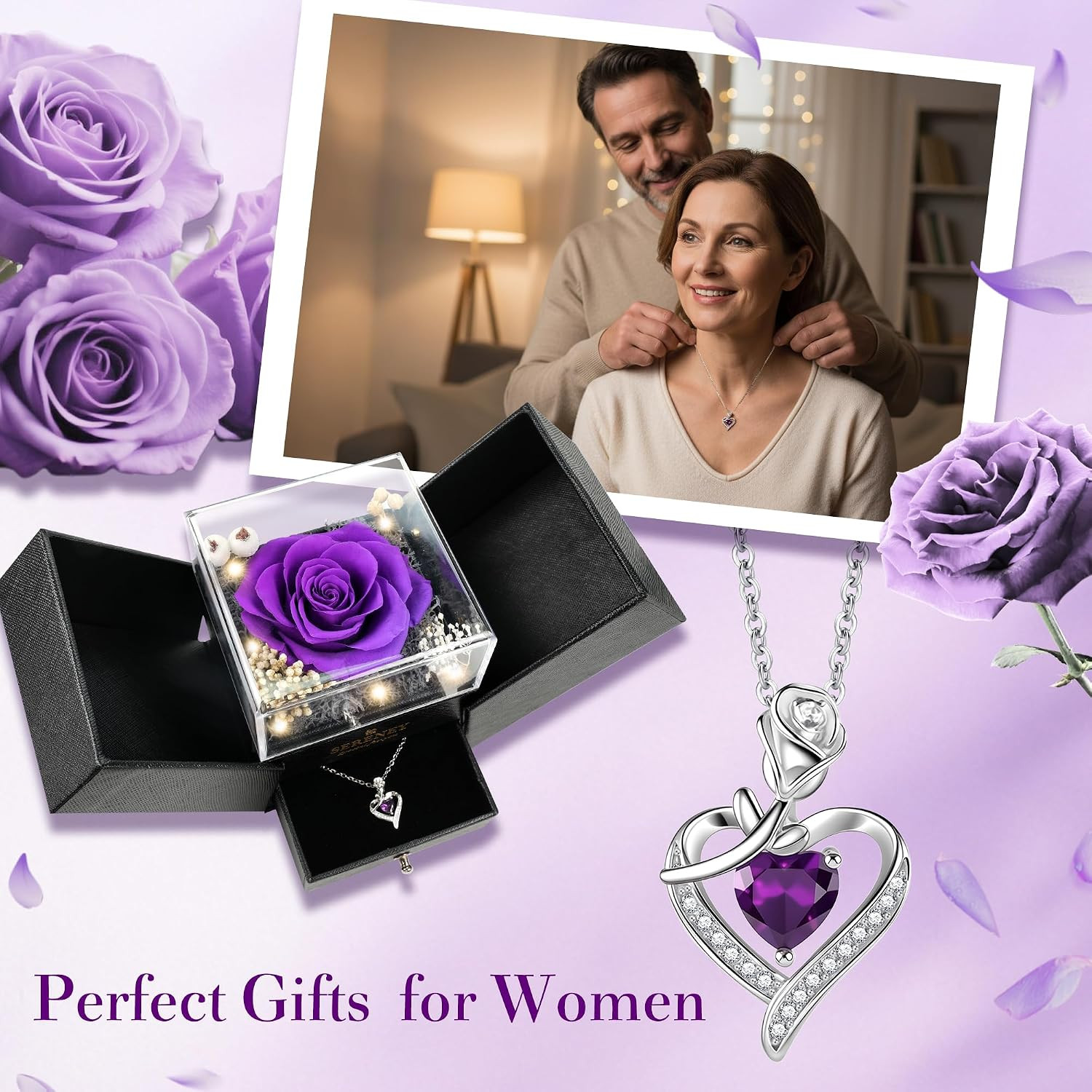 Preserved Purple Flower Rose with Necklace, Forever Flowers Eternal