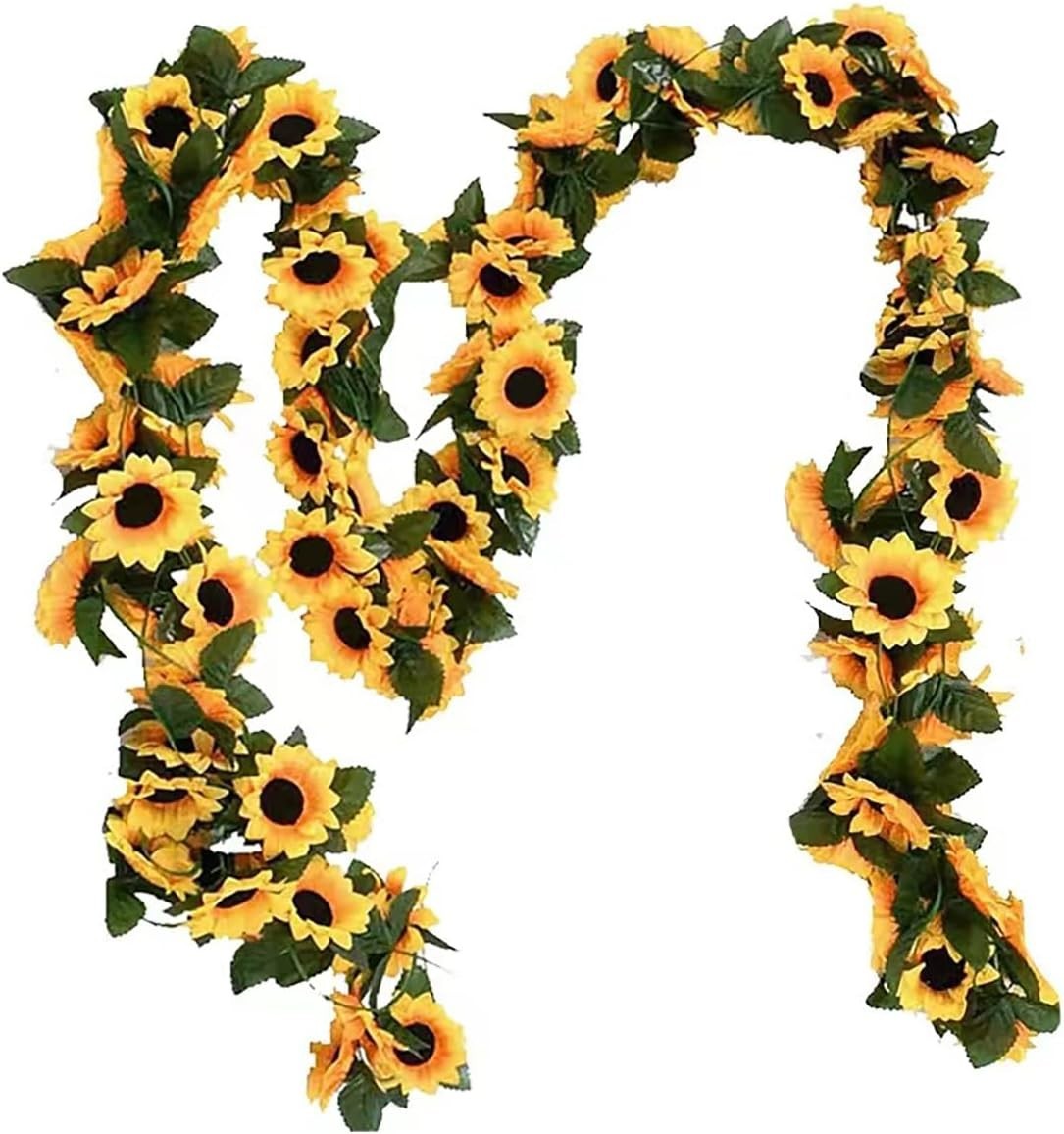 2 Pack Artificial Sunflower Garlands, Faux Silk Vine with Green Leaves Decor