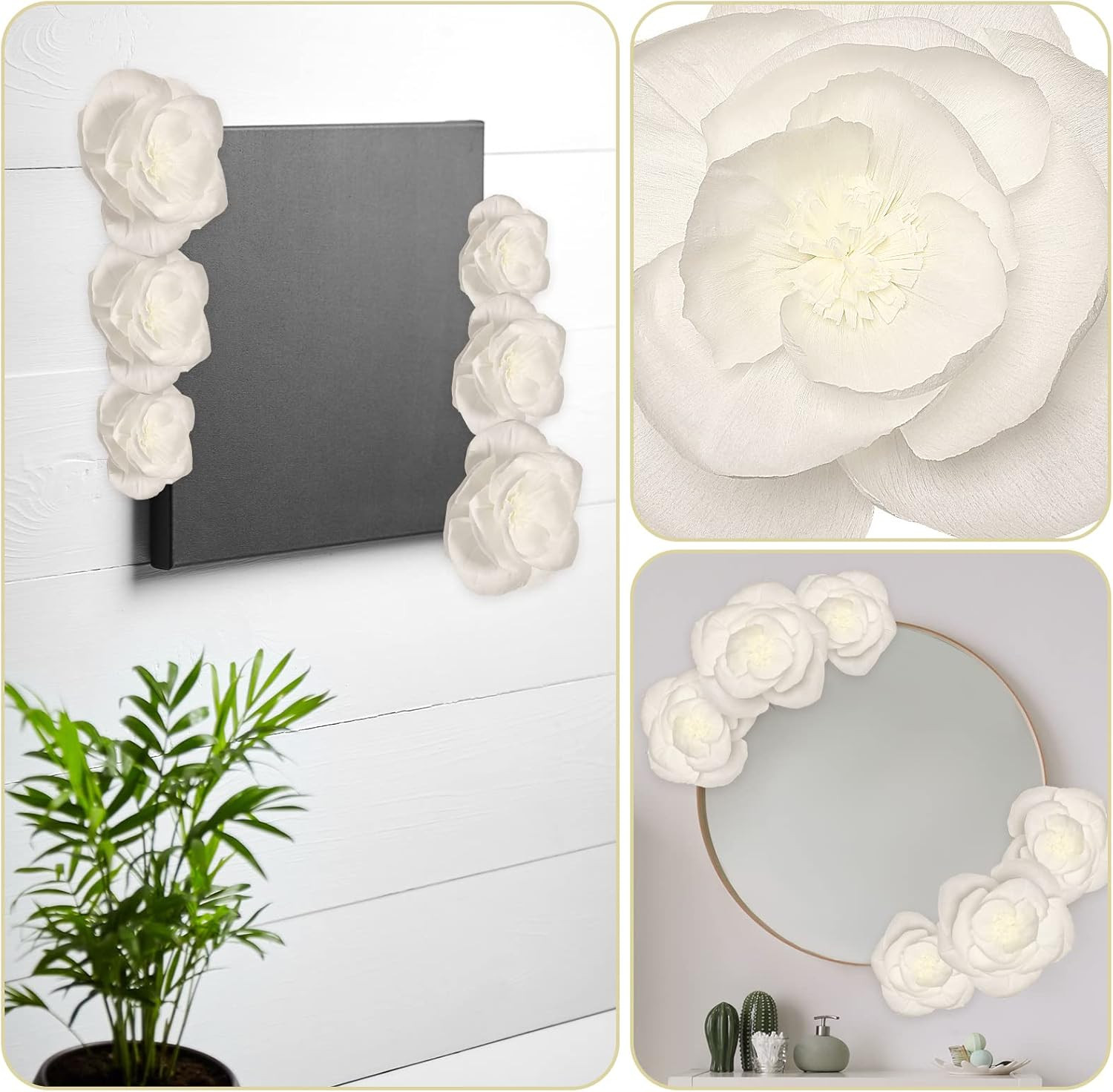 6 Pcs Extra Large Jumbo White Paper Flower Decorations for Wall with 10 Pcs Gel