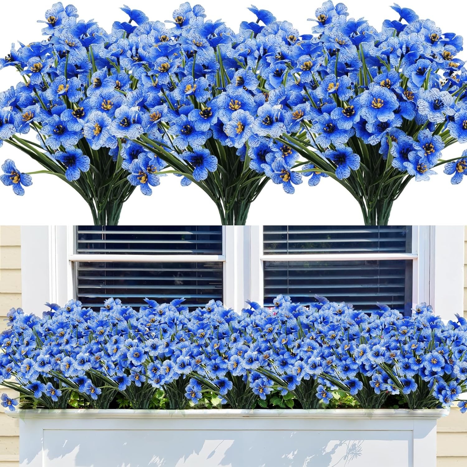 24 Bundles Artificial Flowers for Outdoors Decorations, Blue | UV resistant,Blue