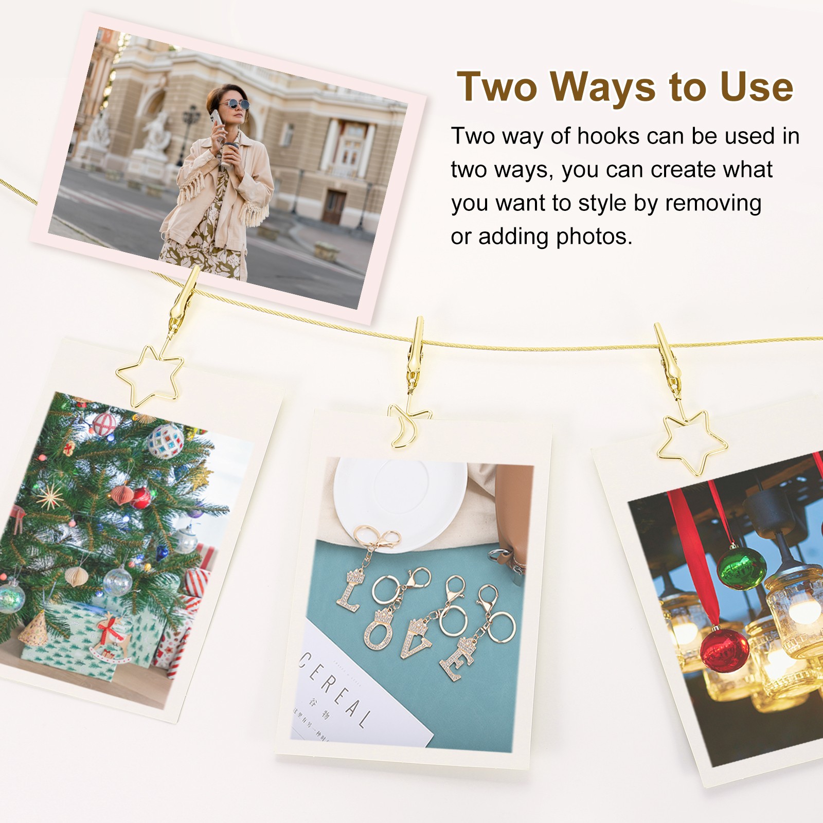 5Ft Wall Hanging Photo Display Cable Wire Rod with 10 Star Shaped Clips, Gold