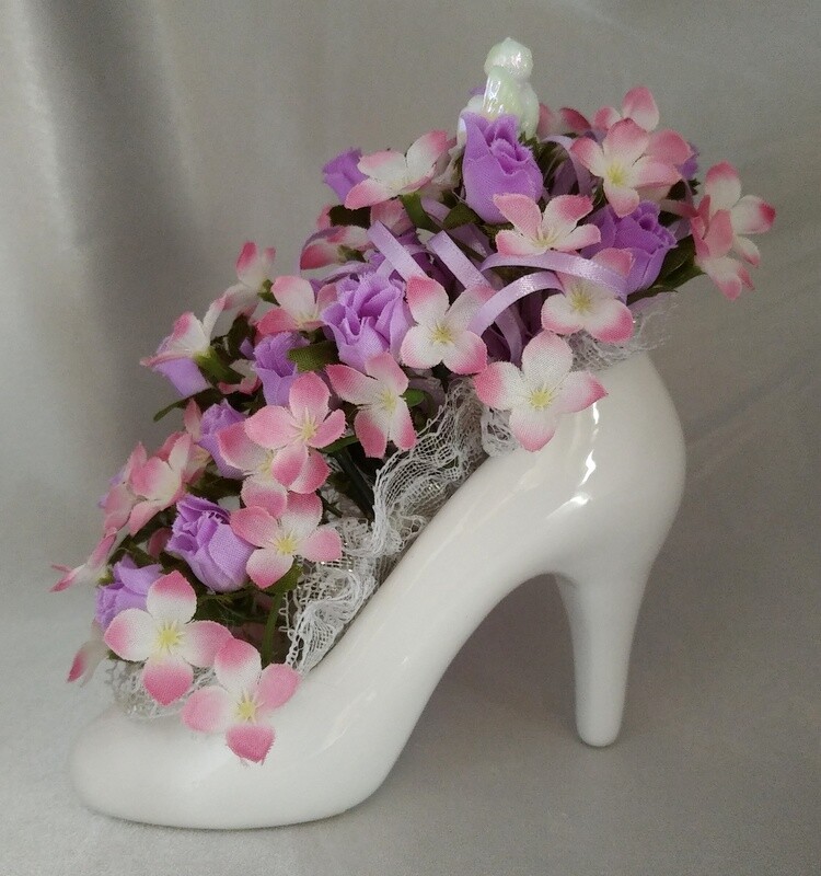 Lot (2) High Heeled Shoe Floral Arrangements w/ Cherubs (Pink/Purple & Peach)