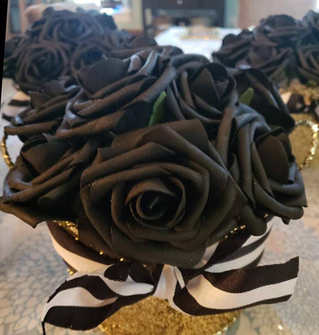 Artificial Flowers 25pcs Real Looking Black Foam Fake Roses with Stems for DIY W