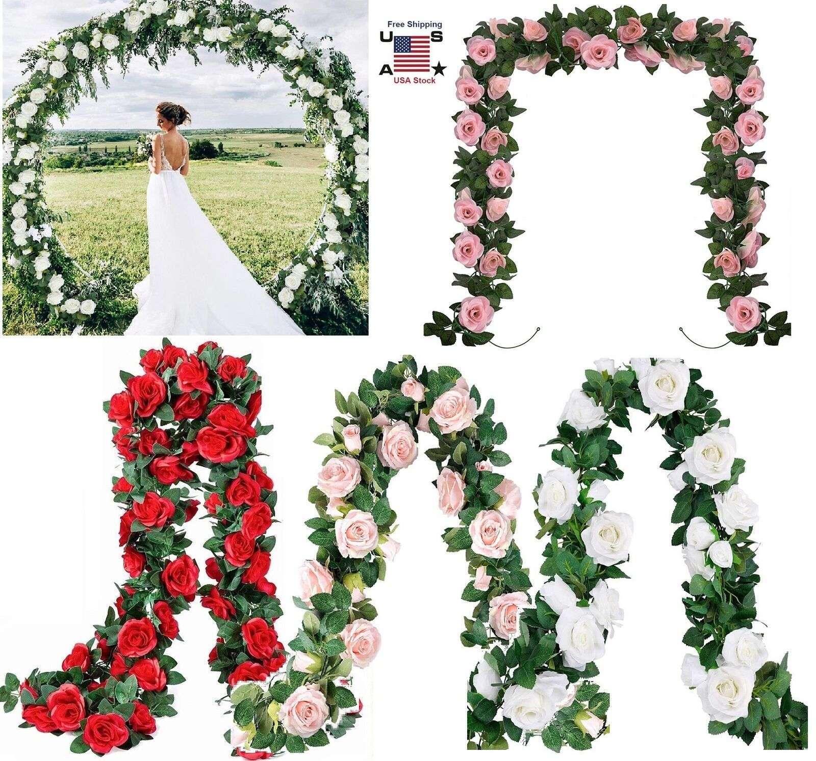 1-6Pack Fake Rose Vine Flowers Plants Artificial Hanging Ivy Home Party 7.6 Feet