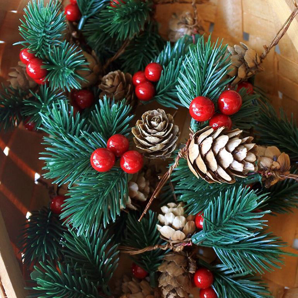 10pcs Red Christmas Berry Artificial Flower Pine Cone Branch Party Xmas Supplies