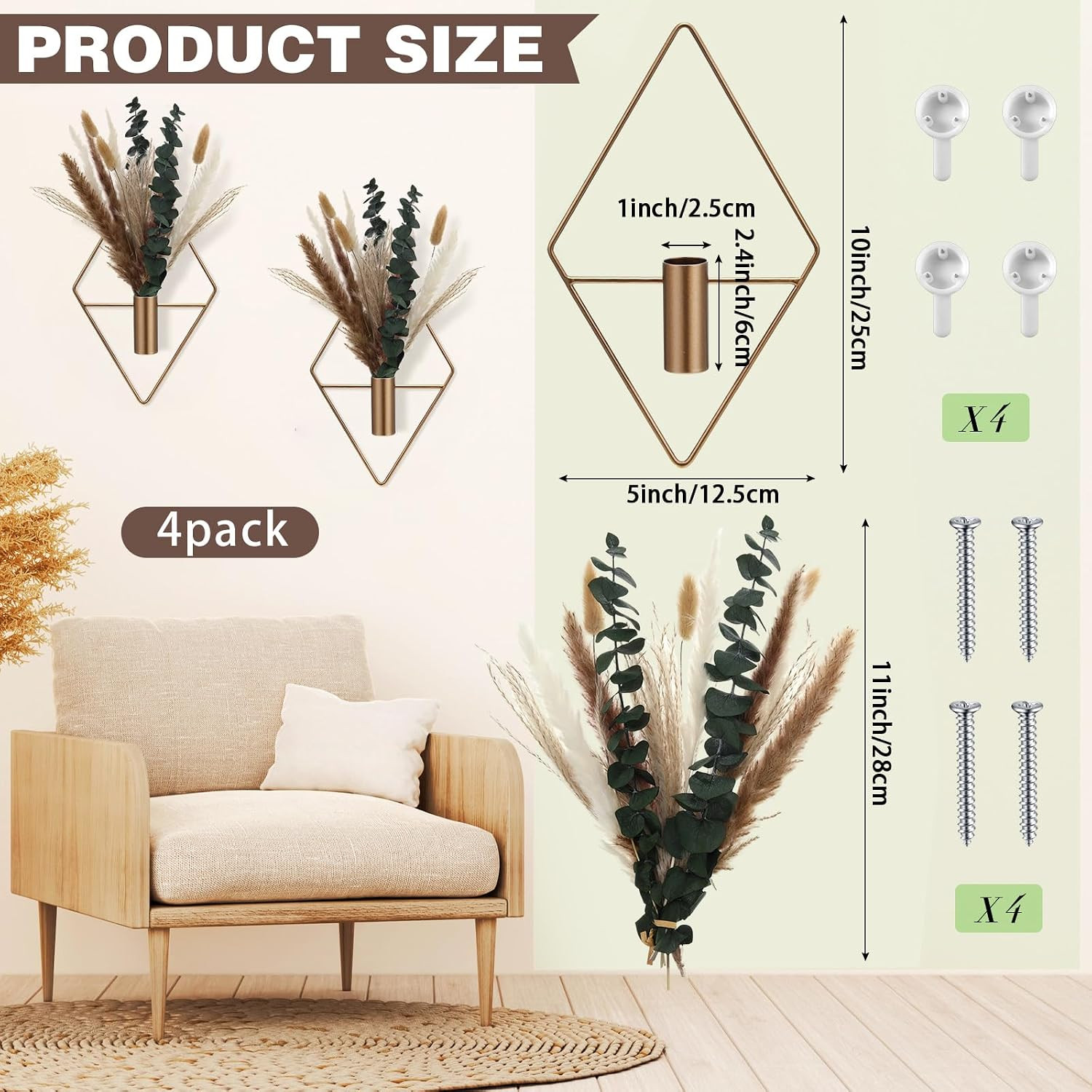 4 Pcs Hanging Planters with Artificial Pampas Metal Hanging Vase Indoor Plants H