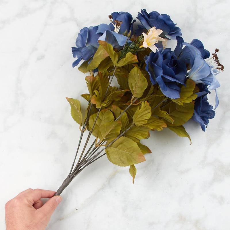 Poly Silk Blue Hydrangea, Rose and Lily Floral Bush | For Indoor Decor