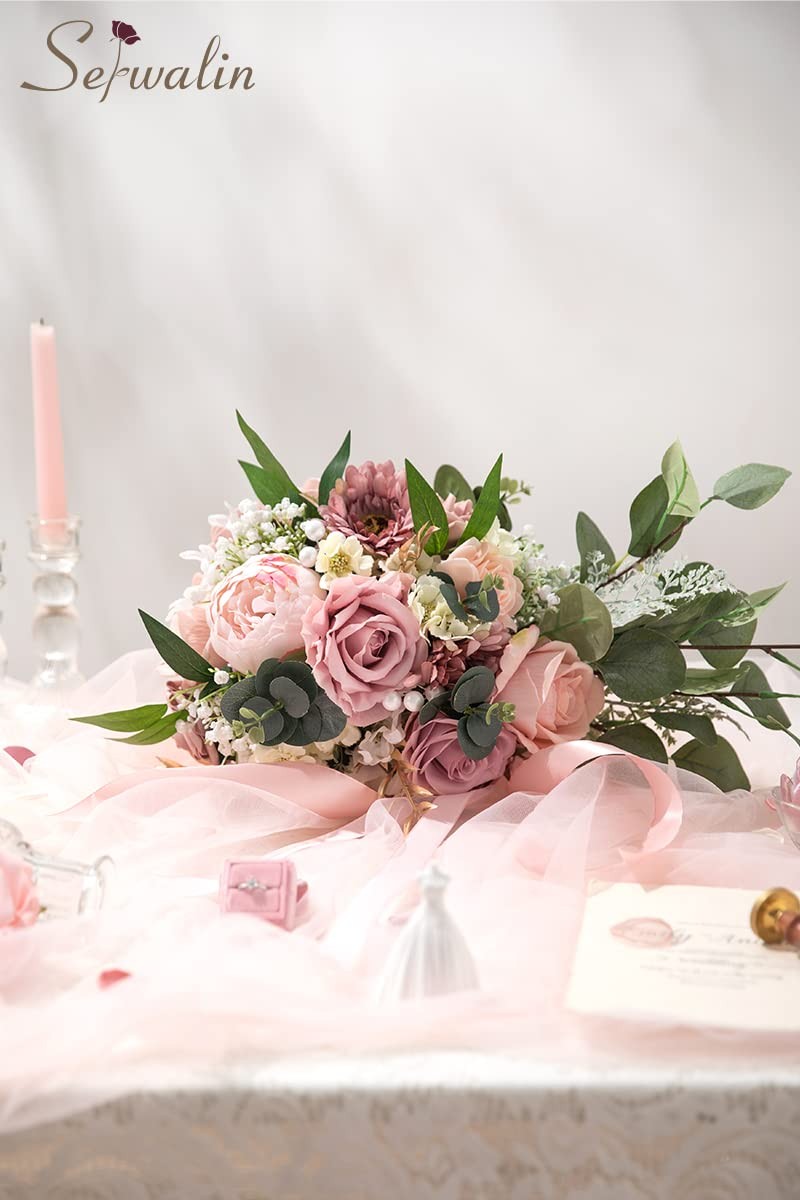 9.8 Inch Wedding Bouquets for Bride Bridesmaid, Dusty Pink Peonies Bridal Bou…