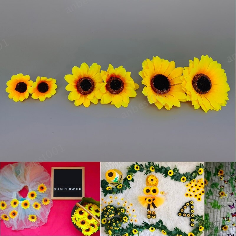 50pcs Mini Artificial Flower Silk Sunflower Head Gift Box Yellow Daisy Head