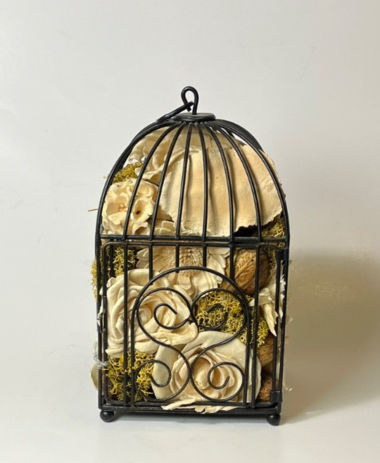 Wrought Black Rim Wire Hanging Dried Beige Floral Flower Arrangements BIRD CAGE