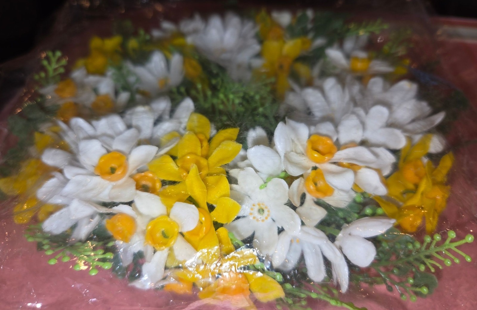 Artificial Floral Candle Ring With White & Yellow Flowers Green Leaves 4-Inch Di