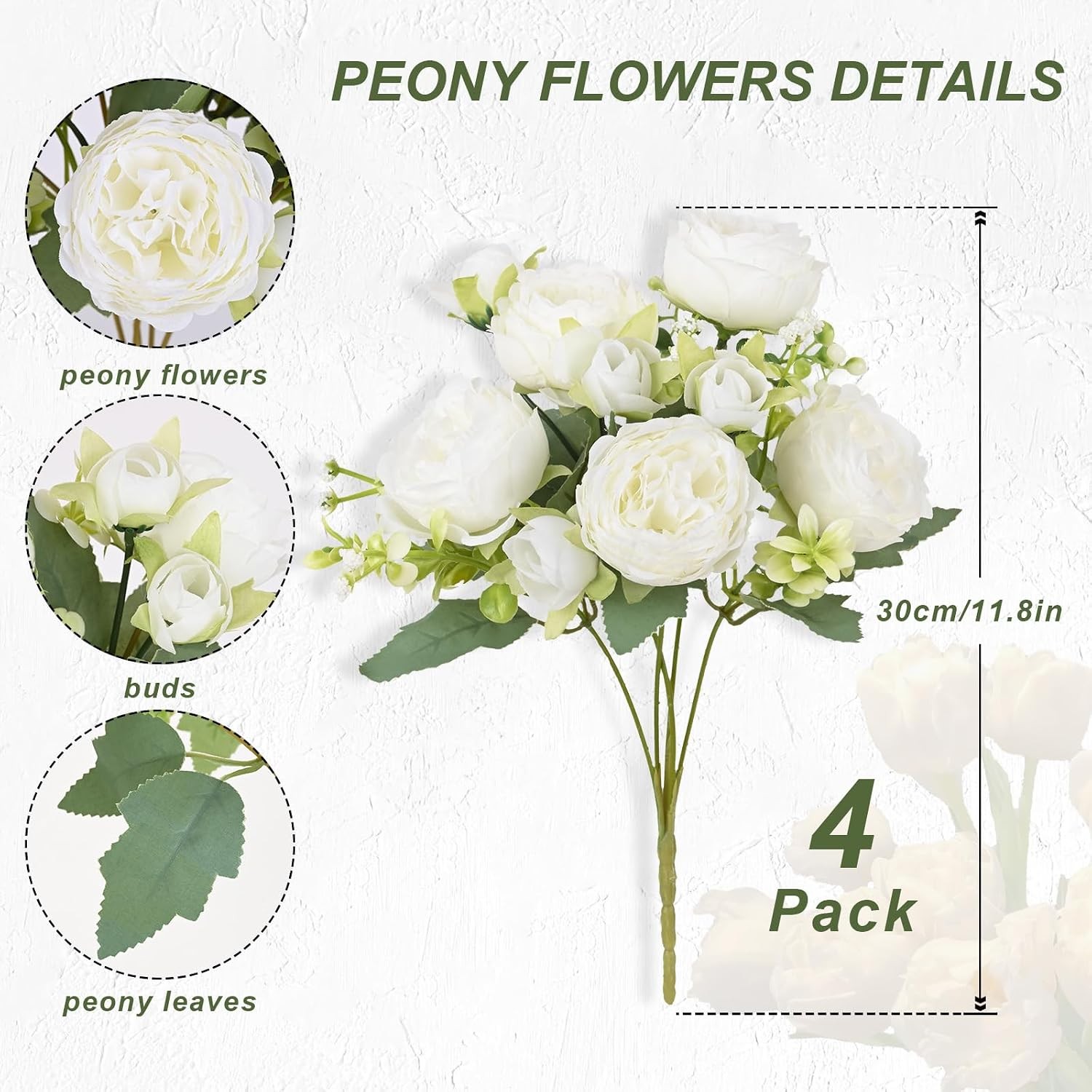 4 Packs White Peonies Silk Bouquet, Artificial Centerpiece Wedding Decor