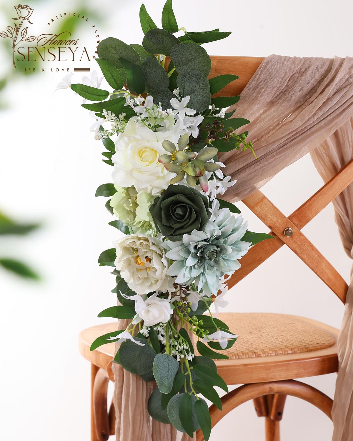Artificial Flowers Combo Set, Green Silk Roses, Peonies, Dahlias with Stems f…